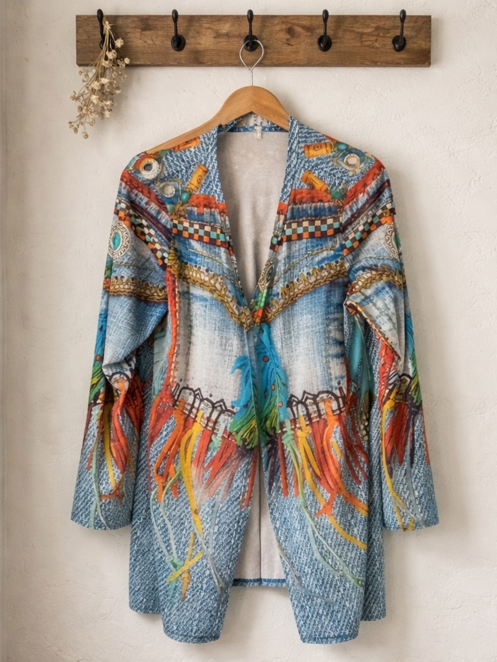 Boho Feather Print Open Cardigan - Multicolor
